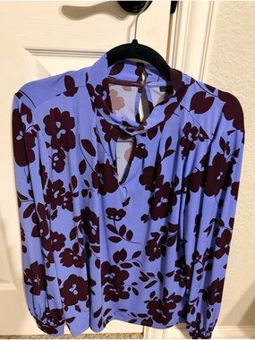 Ann Taylor Lilac and Brown Floral Keyhole Blouse
